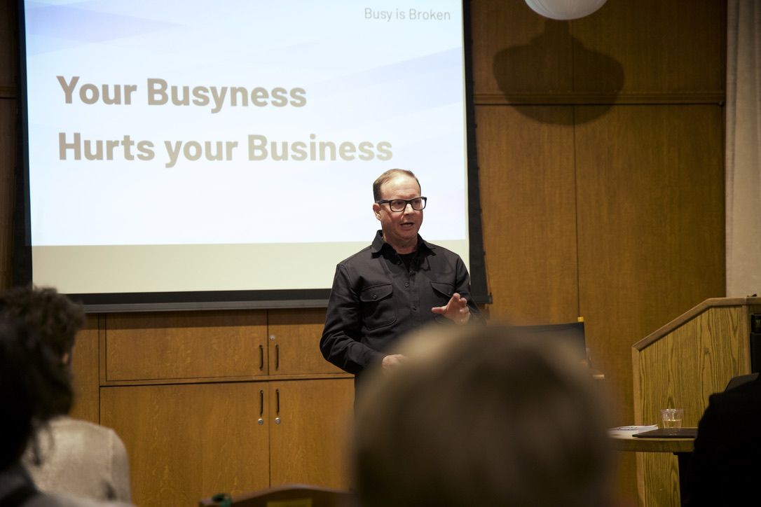 Bill Gallagher speaking at the Busy Is Broken launch in San Francisco